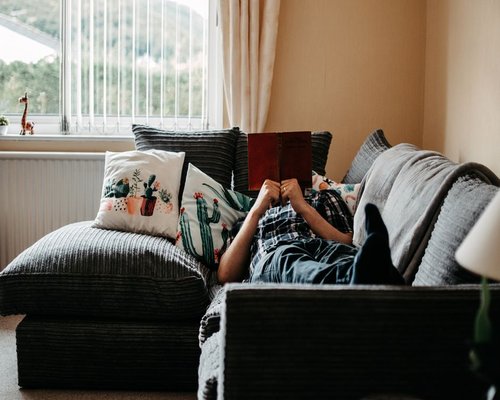 Living room couch with soft natural lighting for reading and resting